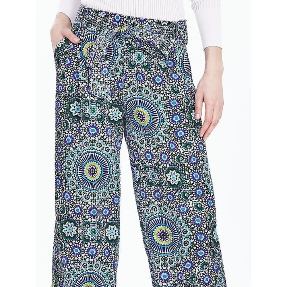Banana Republic Womens Boho Resort Wide Leg Linen Blend Pants Size 6 Blue Belted